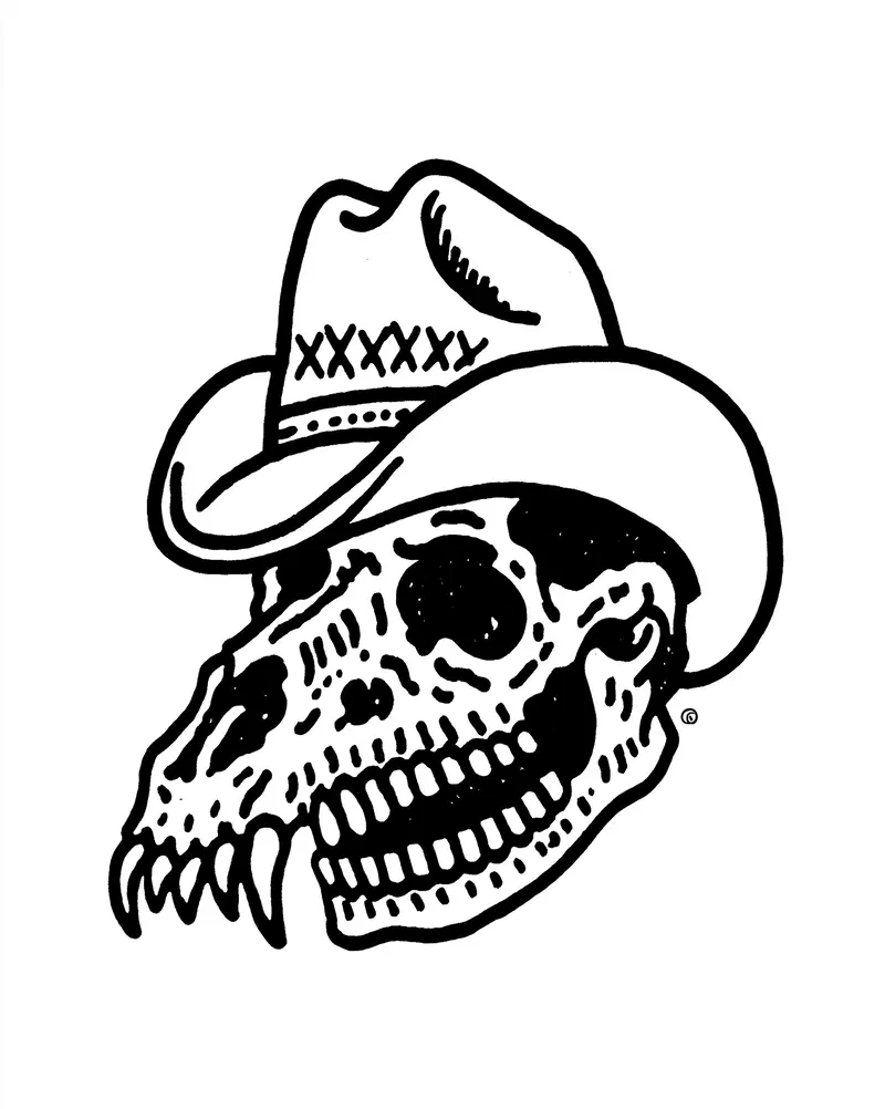 Black and white illustration of a skull wearing a cowboy hat