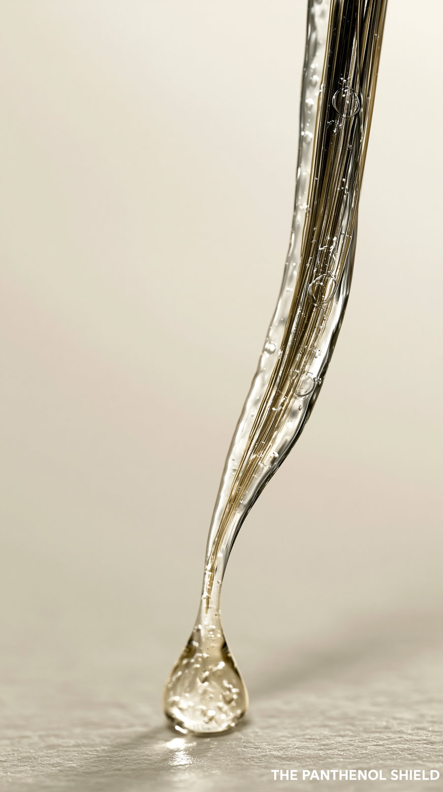 A close-up image showing a drop of clear viscous liquid with bubbles inside, dripping down against a plain light background.