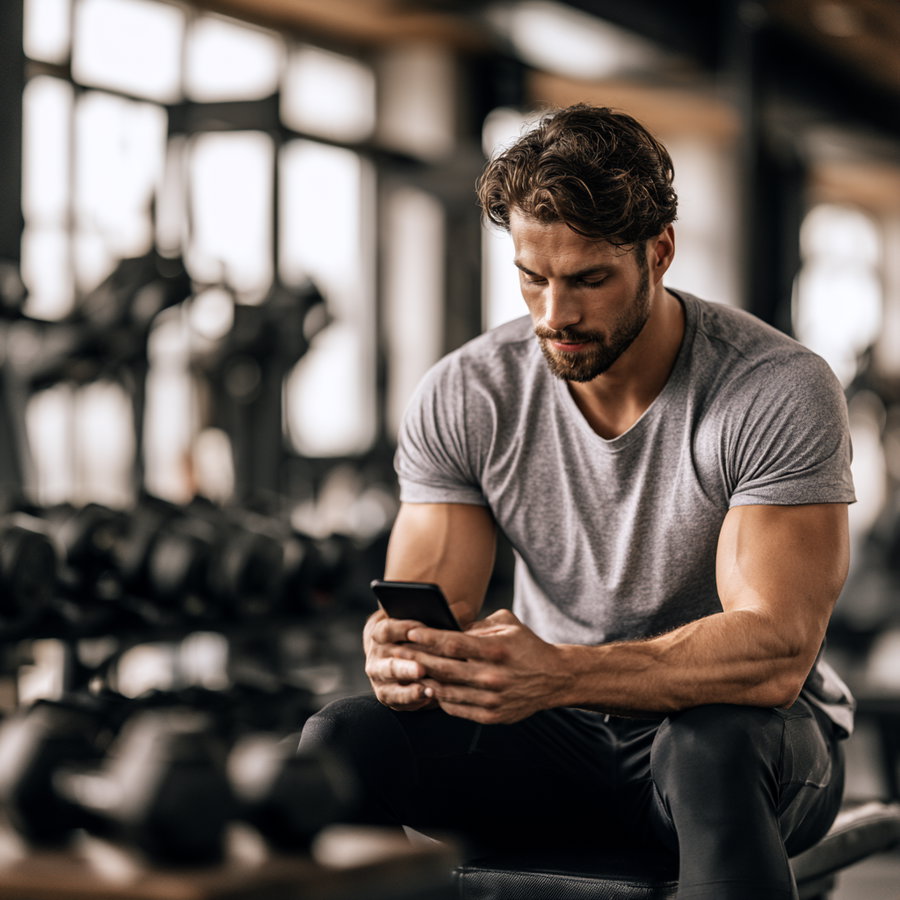 A muscular man wearing a grey t-shirt and black pants sitting on a bench in a gym, looking at his smartphone with blurred gym equipment in the background.