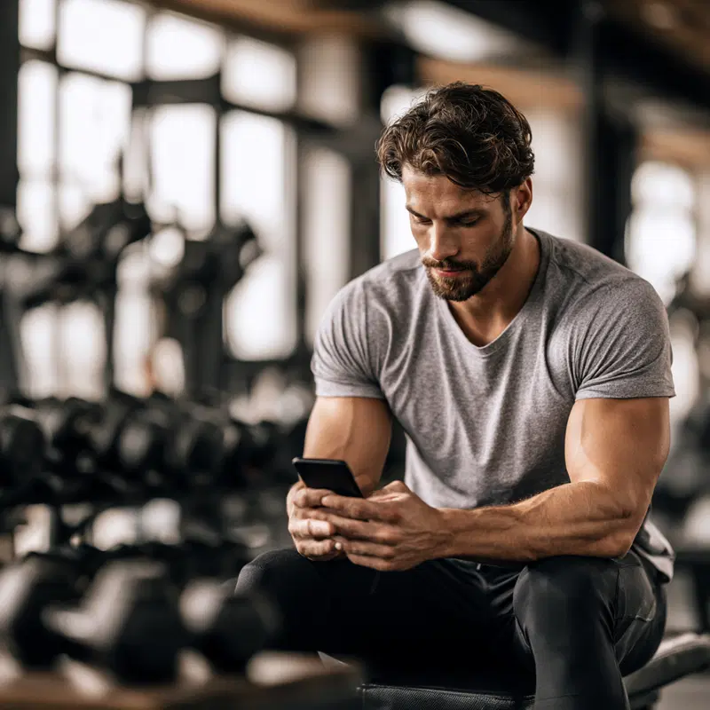 Focused man in workout clothes using smartphone in gym environment