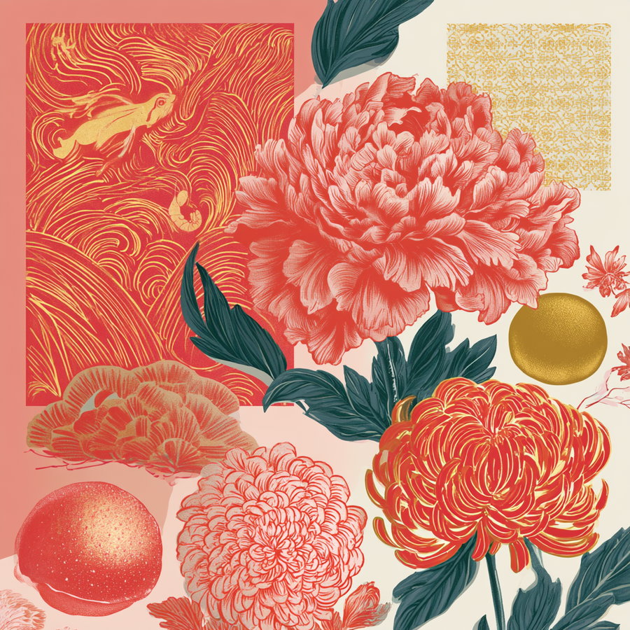An artistic illustration depicting large, detailed flowers including peonies and chrysanthemums in red and gold tones with green leaves and abstract gold and red patterns in the background