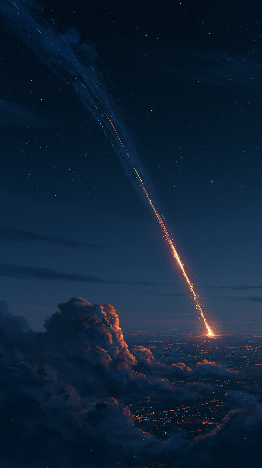 A glowing meteor falling from a starry night sky, leaving a bright fiery trail and illuminating clouds and a city below.