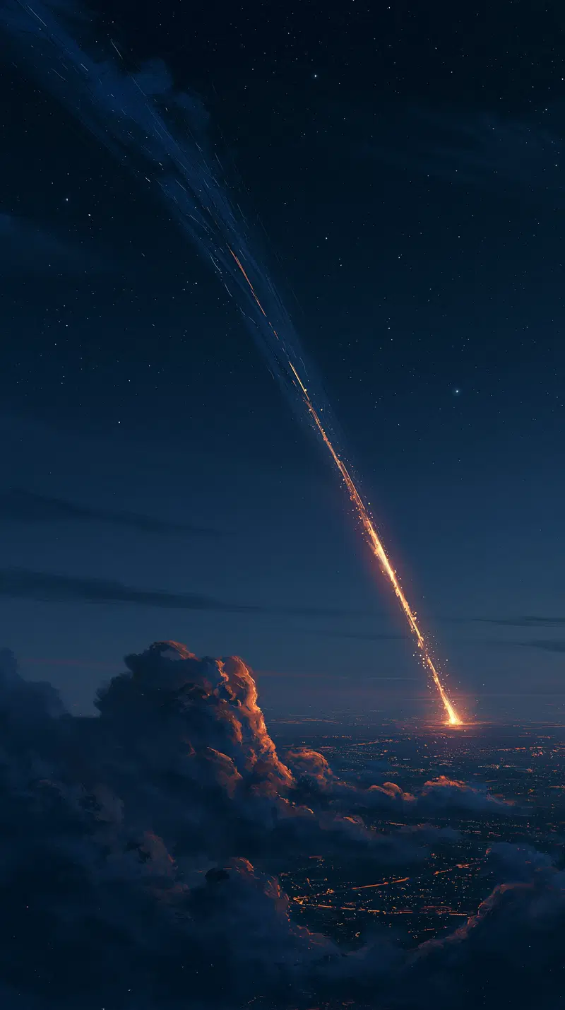 Night sky with a glowing meteor streaking down over a cityscape