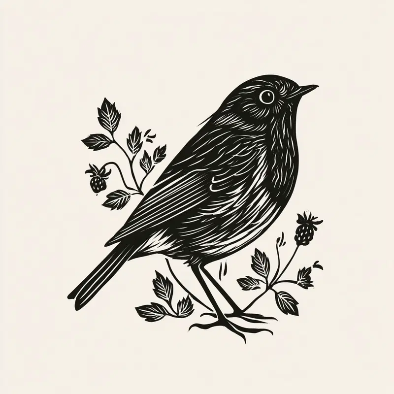 Detailed black ink illustration of a bird surrounded by leaves and berries