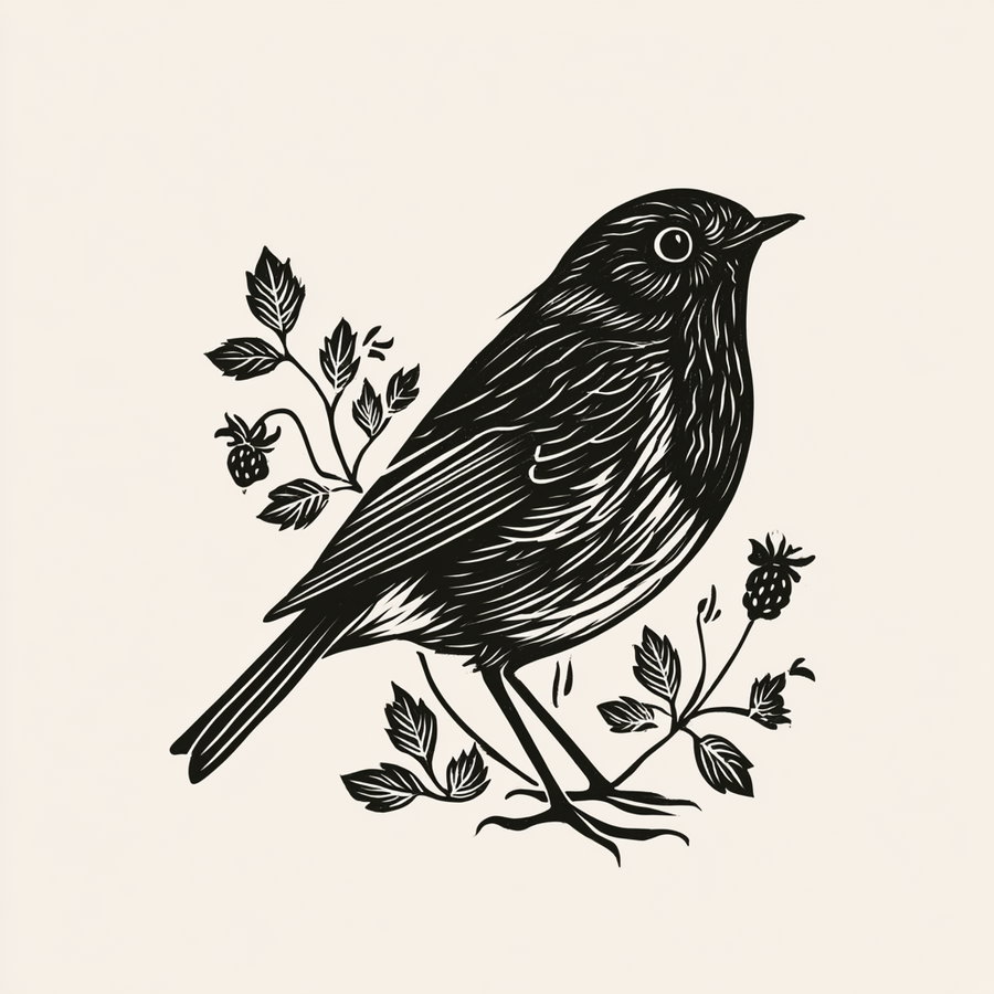 Black ink drawing of a bird standing among small leafy branches with berries on a light background