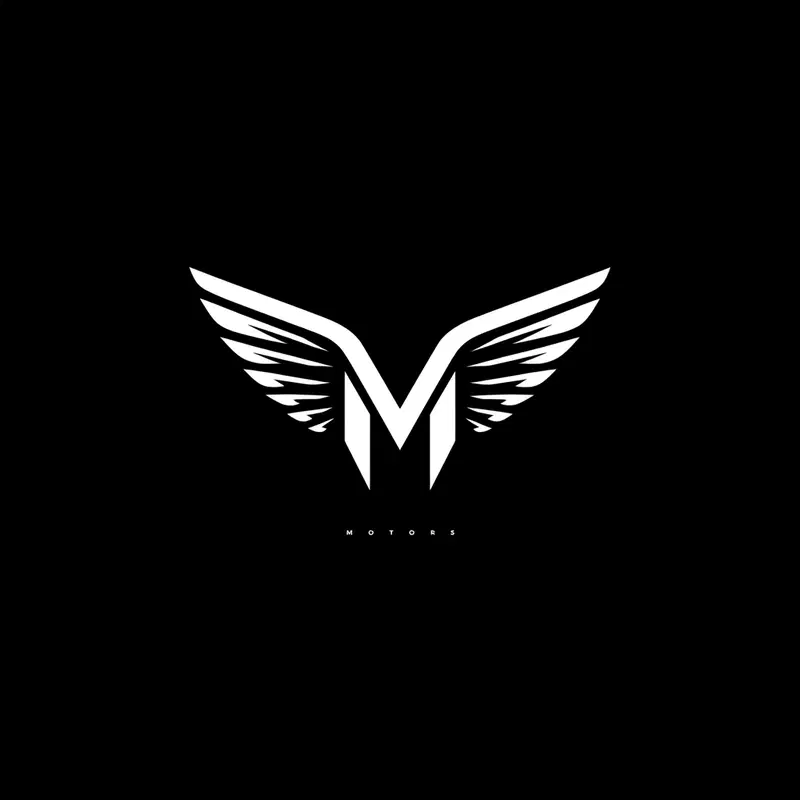 Minimalist white winged M logo design with MOTORS text on black background