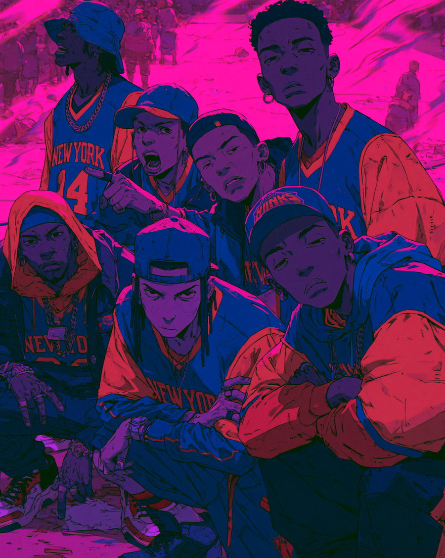 Illustration of seven young men posing intensely outdoors, wearing New York basketball jerseys and caps, rendered with high contrast purple and pink colors.