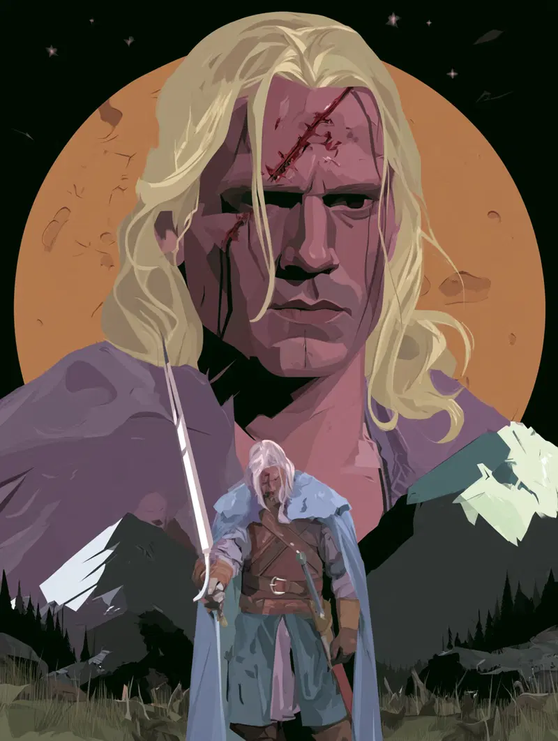 Epic fantasy warrior with scars and sword in a mountainous landscape