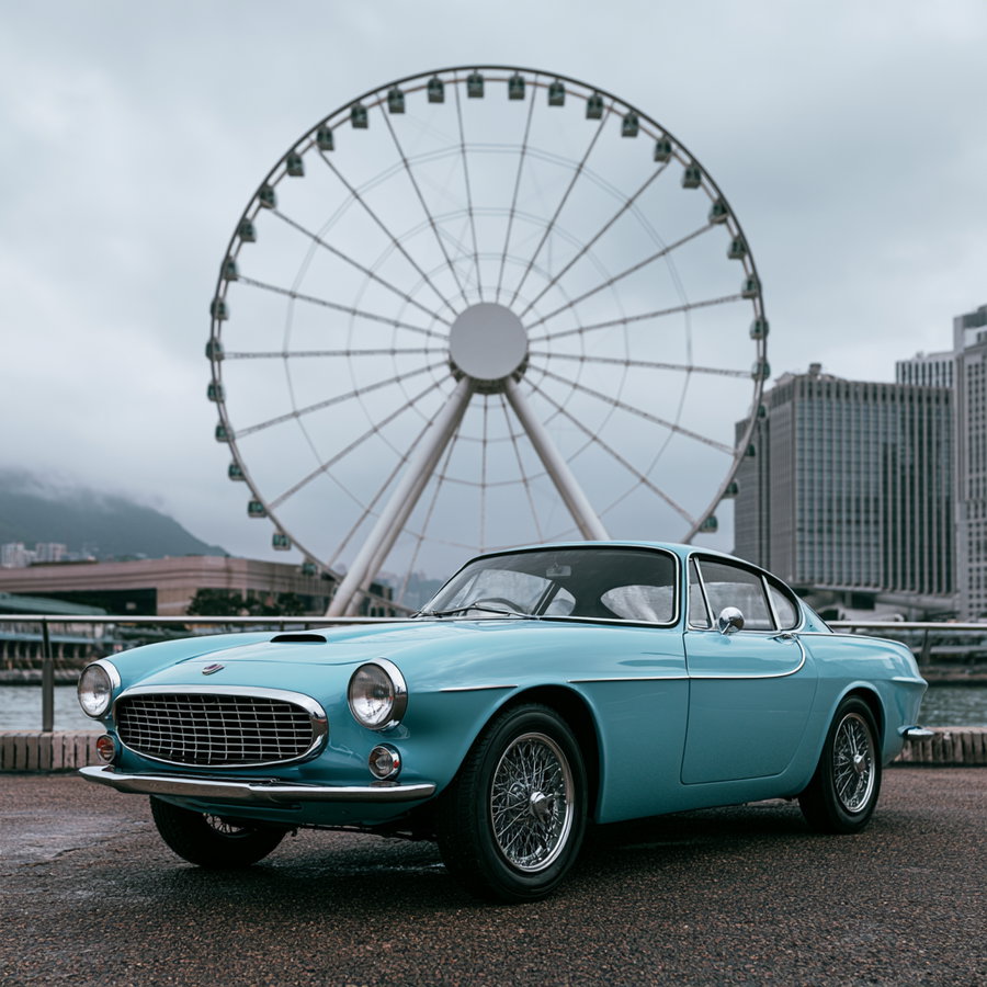 A light blue vintage classic car parked on a wet pavement with a large Ferris wheel and tall buildings in the background under a cloudy sky