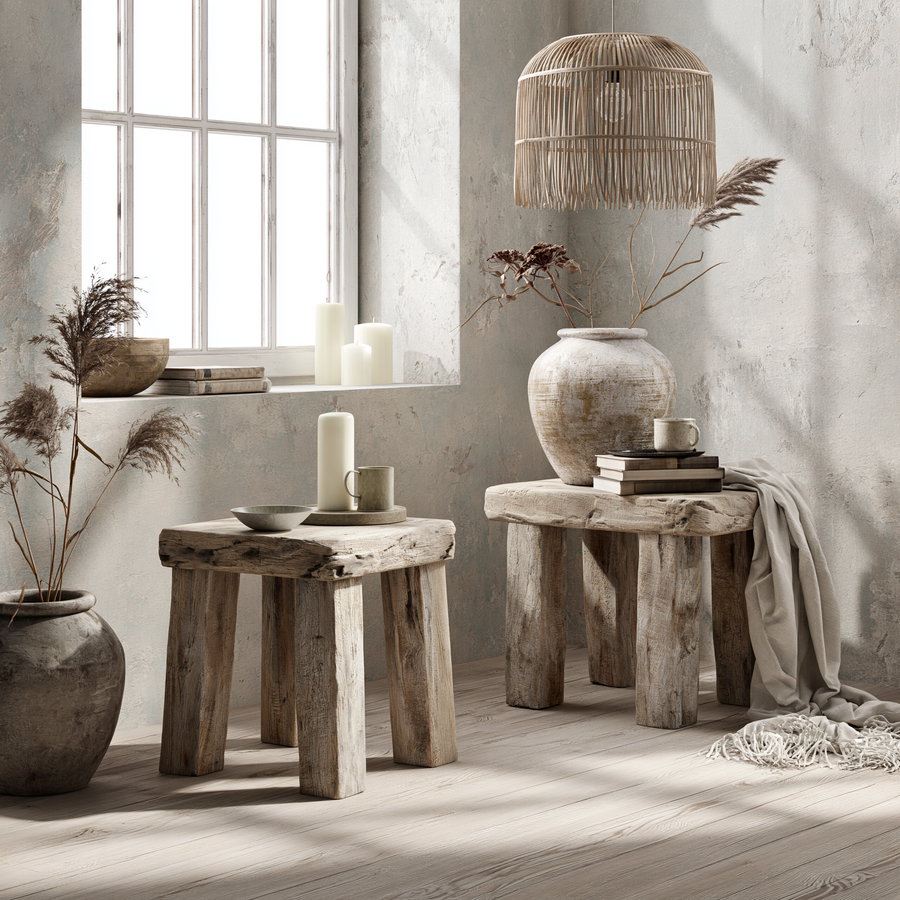 A rustic interior corner with two wooden stools, large ceramic vases with dried plants, a window letting natural light in, candles, books, a cup, and a beige draped fabric