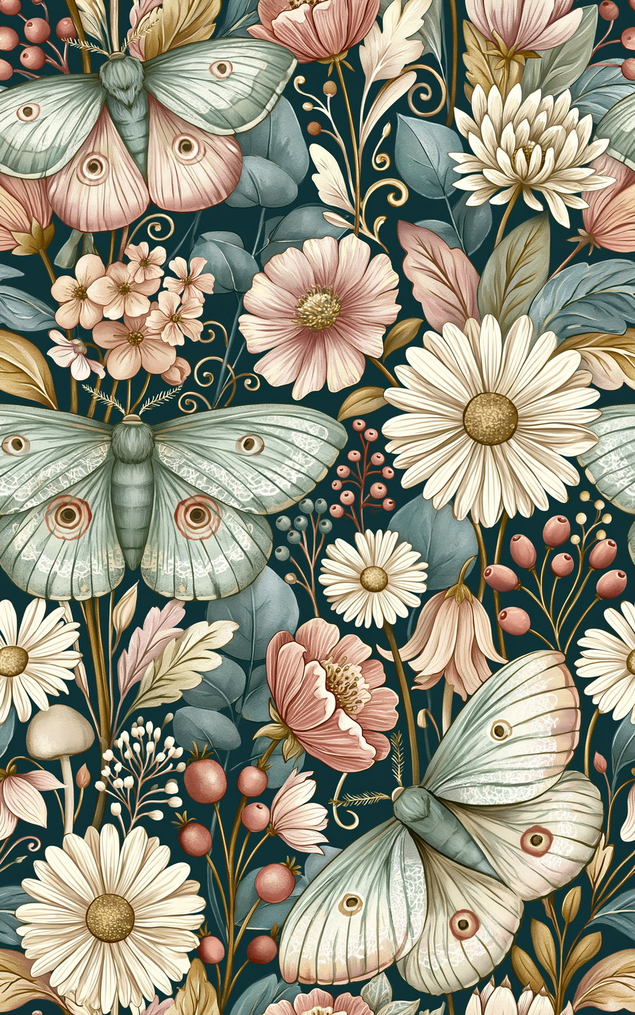 Illustration featuring large butterflies with pale blue and pink wings among cream daisies, small pink flowers, berries, and leaves on a dark background