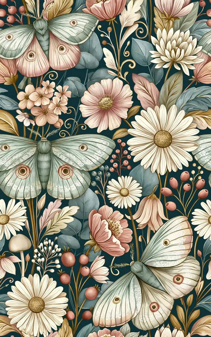 Detailed illustration of butterflies and various flowers in soft colors