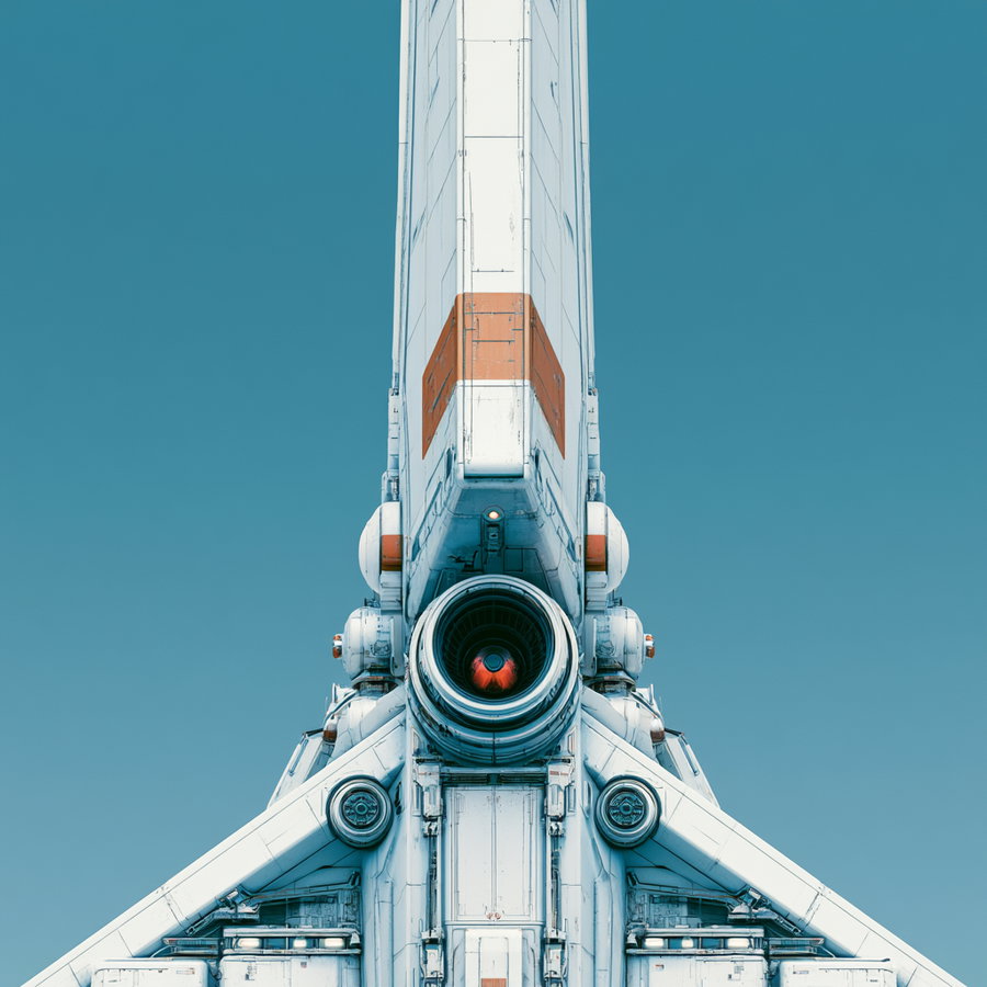 Close-up view of a futuristic spaceship engine with symmetrical geometric structures, white and orange elements, against a clear blue sky
