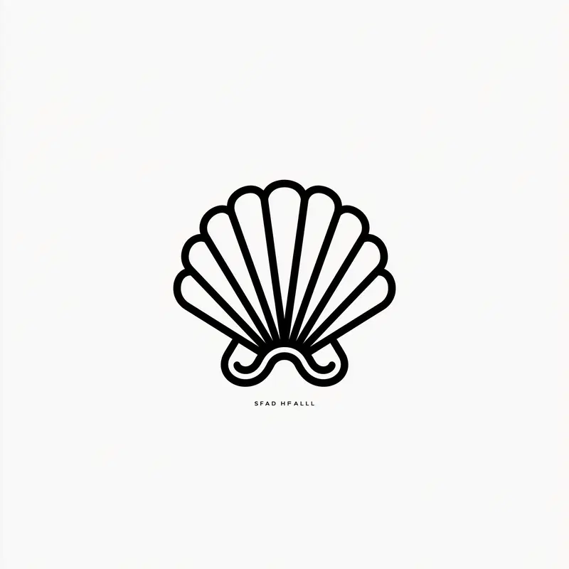 Minimalist black line drawing of a scallop shell on white background