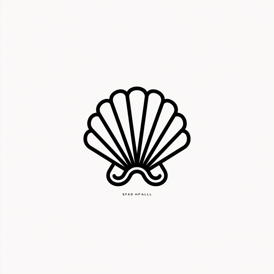Simple black outline of a scallop shell centered on a white background with small text below it