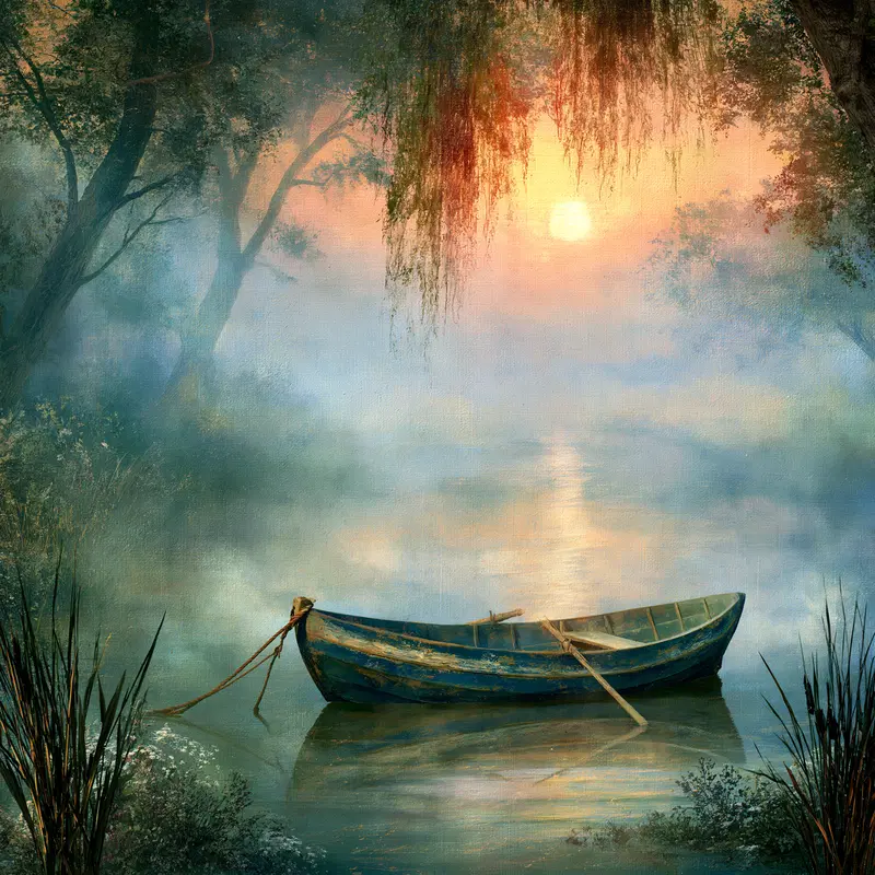 Serene landscape painting of a boat on a misty river at sunrise