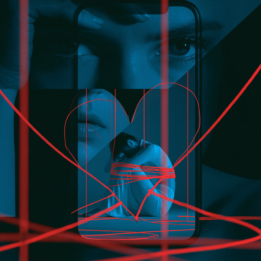A conceptual digital image showing a person curled up inside a smartphone screen, surrounded by red threads forming a heart shape, with a larger face in the background looking intently, all in dark blue tones.