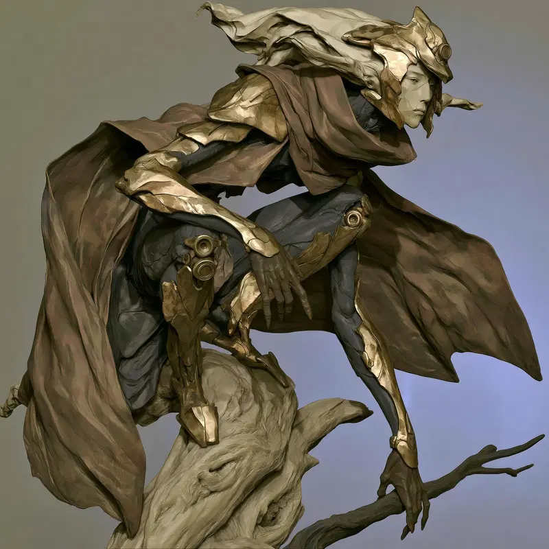 Detailed sculpture of a crouching humanoid creature with ornate armor and cloak