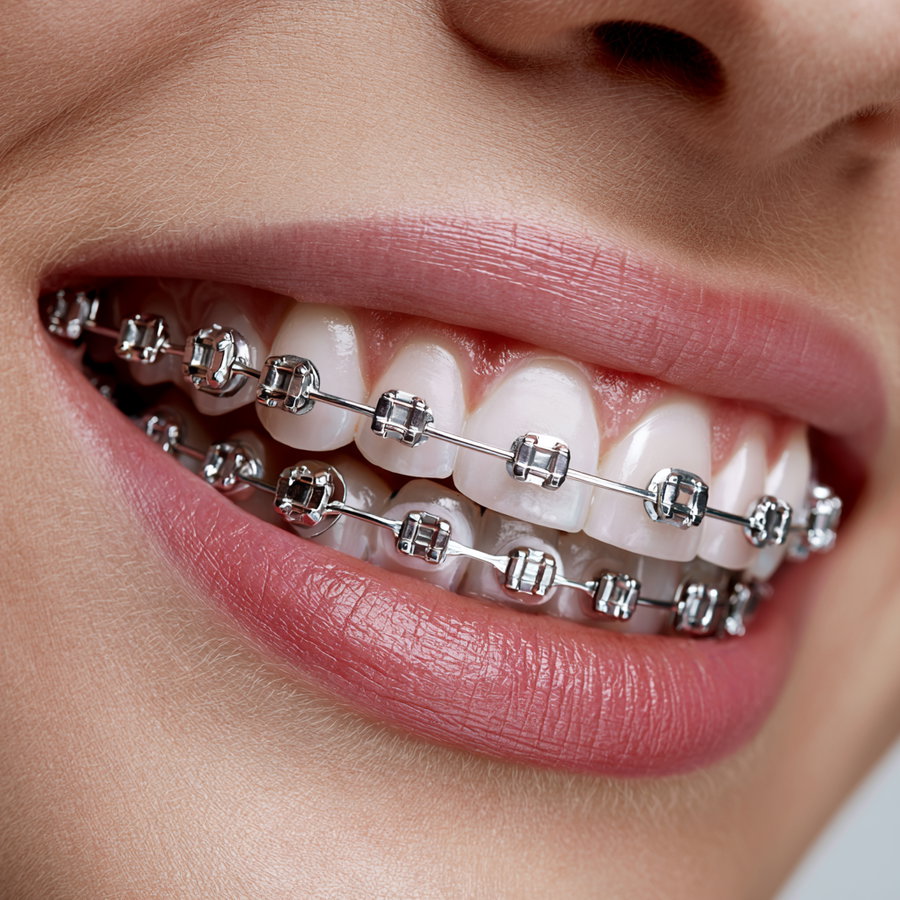 Close-up view of a person's mouth with metal braces on teeth, showing lips and skin texture