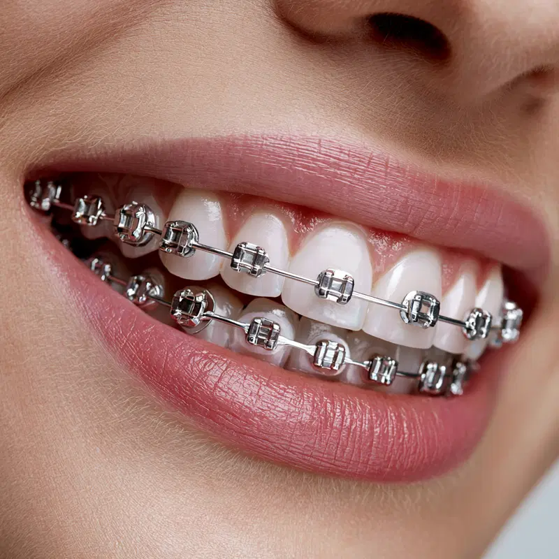 Close-up portrait of smiling person showing teeth with braces
