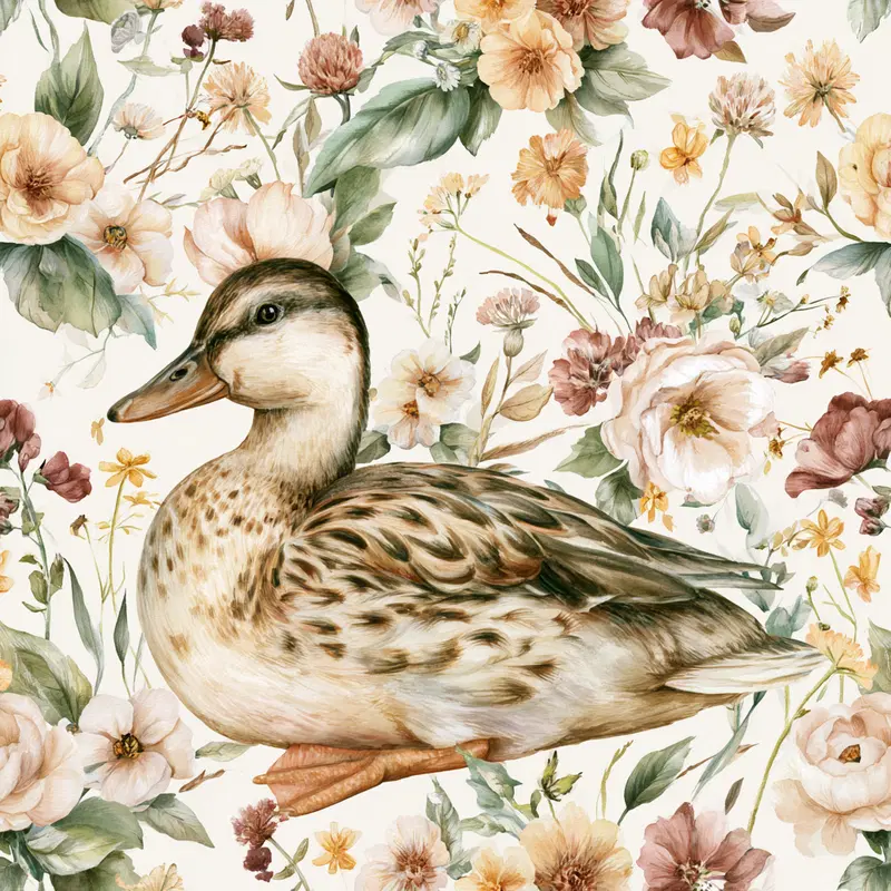Delicate watercolor painting of a duck surrounded by soft pastel flowers