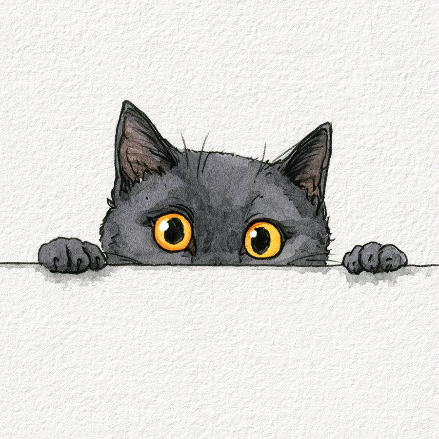 Watercolor art of a black cat with bright yellow eyes peeking over a white horizontal surface with only its eyes, ears, and front paws visible