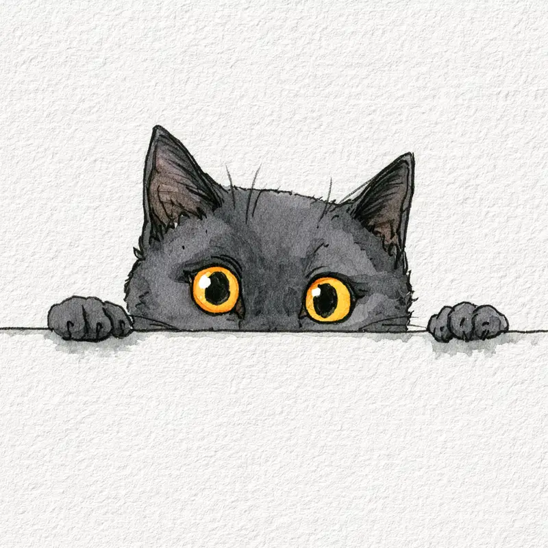 Watercolor painting of a curious black cat peeking over a white surface