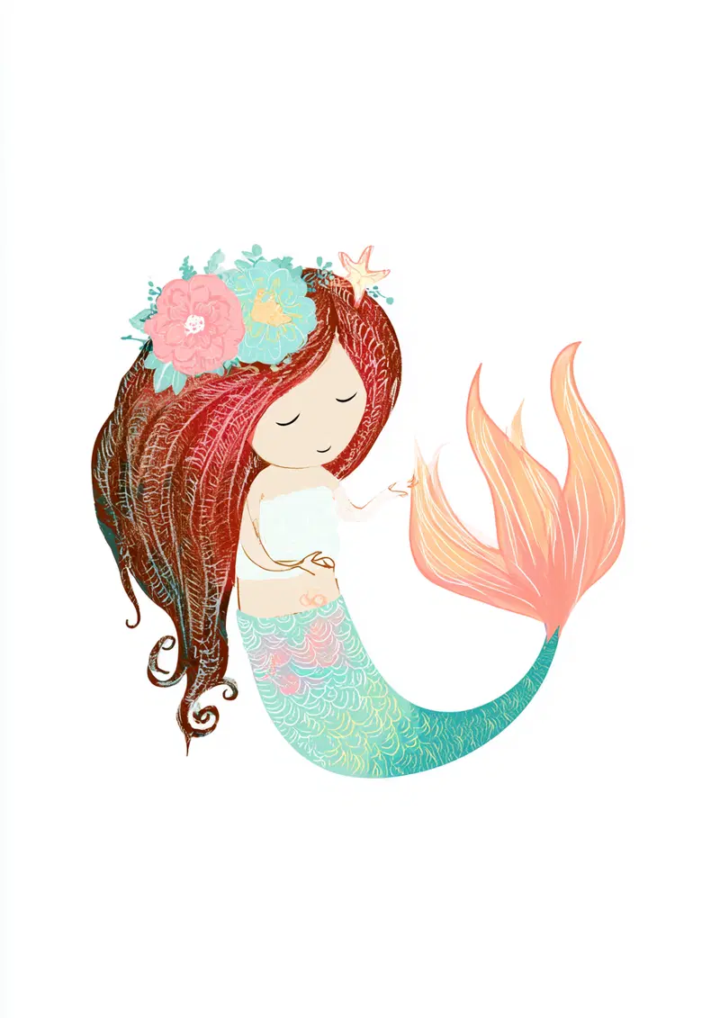 Delicate Mermaid Illustration with Floral Crown and Soft Colors