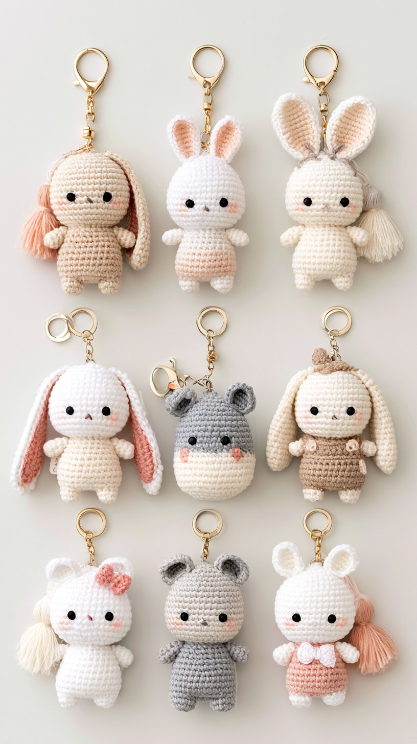 Nine crocheted amigurumi bunny and animal keychains arranged in a grid on a white background, each with a gold keyring and delicate soft pastel and neutral colors