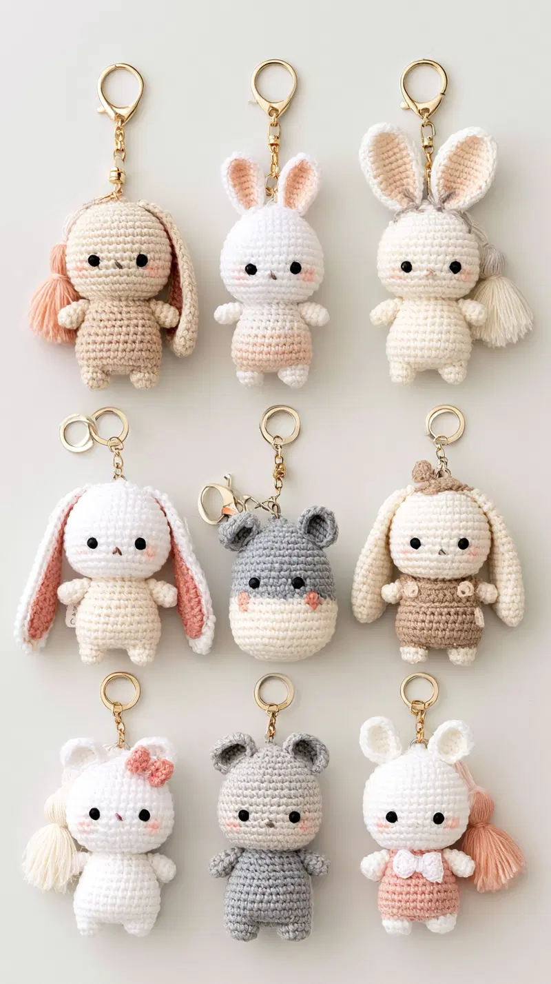 Handmade Crochet Amigurumi Bunny Keychains with Soft Pastel Colors