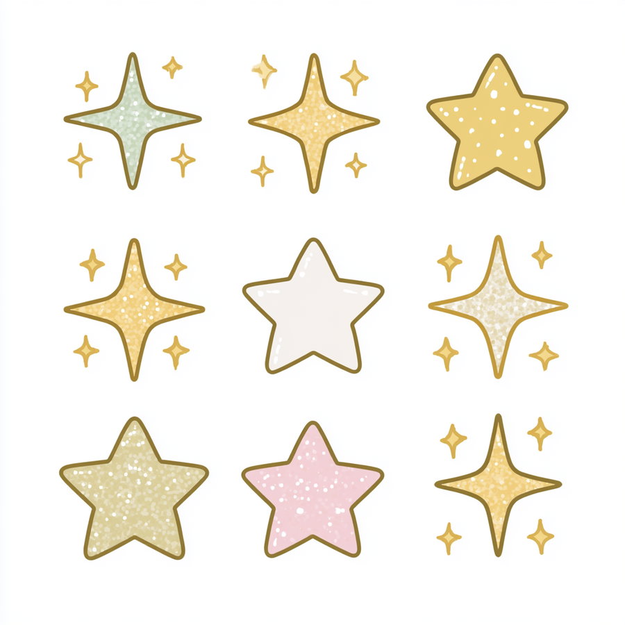 Nine glittery star and sparkle illustrations in pastel colors arranged in a 3x3 grid on a white background
