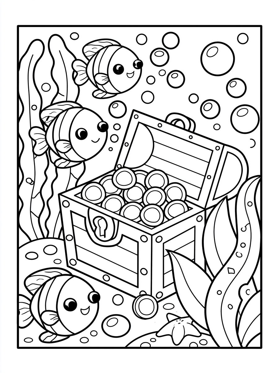 Black and white coloring page featuring an underwater treasure chest filled with coins, surrounded by three smiling fish, seaweed, bubbles, and a starfish on the ocean floor.