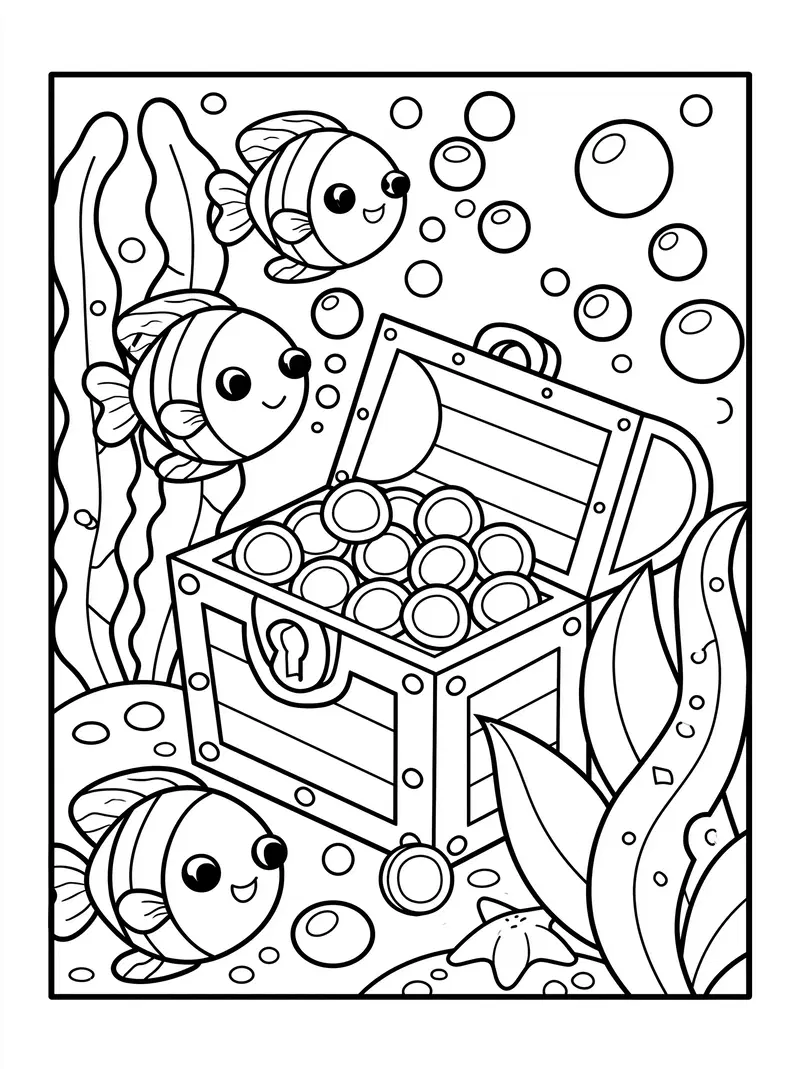 Underwater Scene with Treasure Chest and Cute Fish
