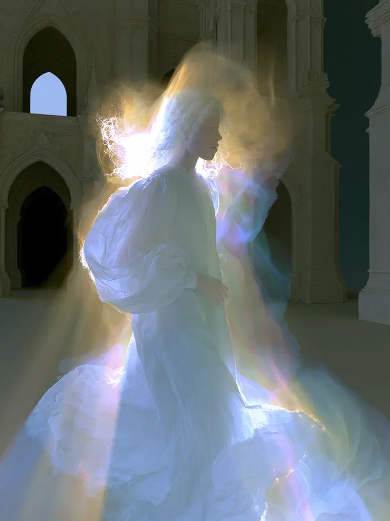 Ethereal figure glowing with radiant light inside a gothic cathedral