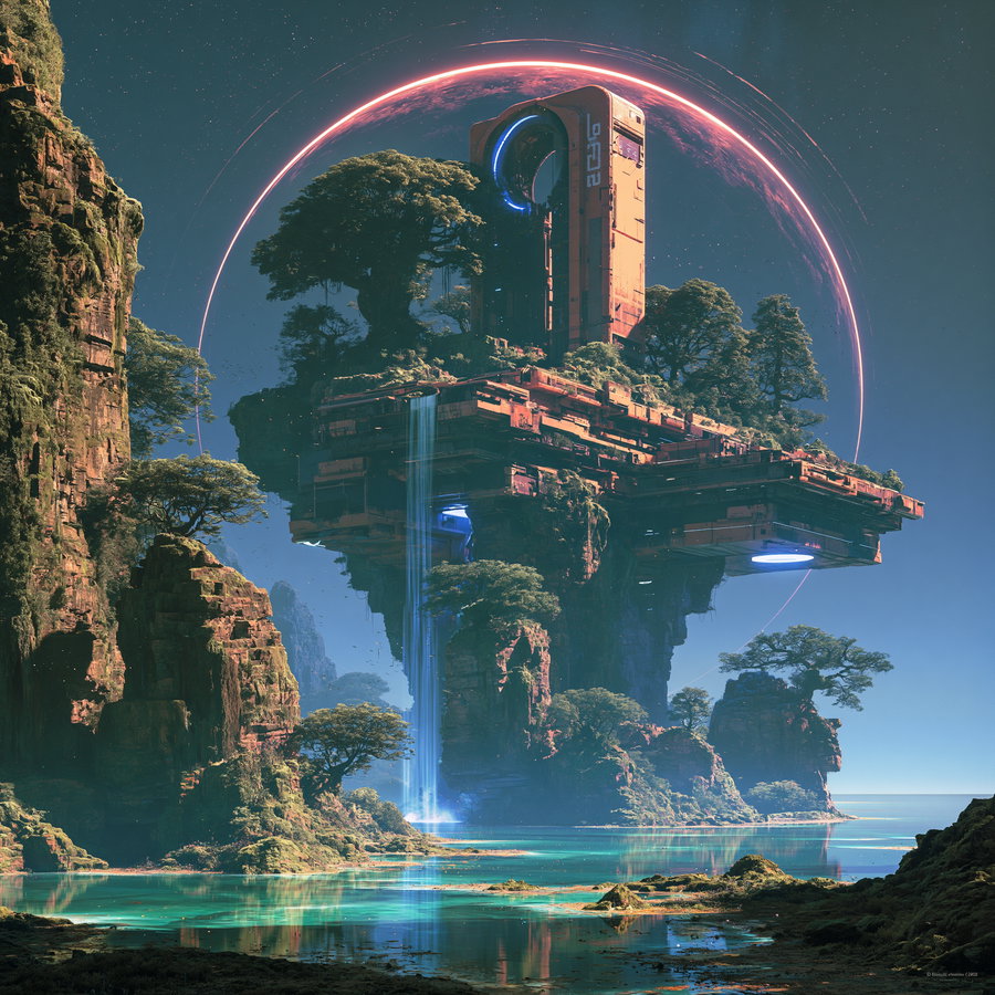 A futuristic floating island-like structure covered with trees and waterfalls above a calm water body, with rocky cliffs and a large glowing planet in the background.