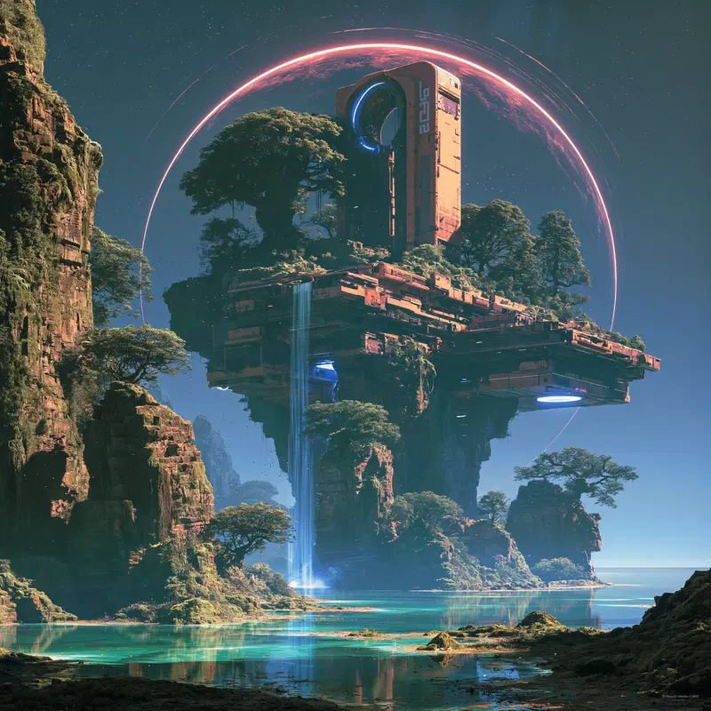 Futuristic floating structure with greenery and waterfalls in a sci-fi landscape