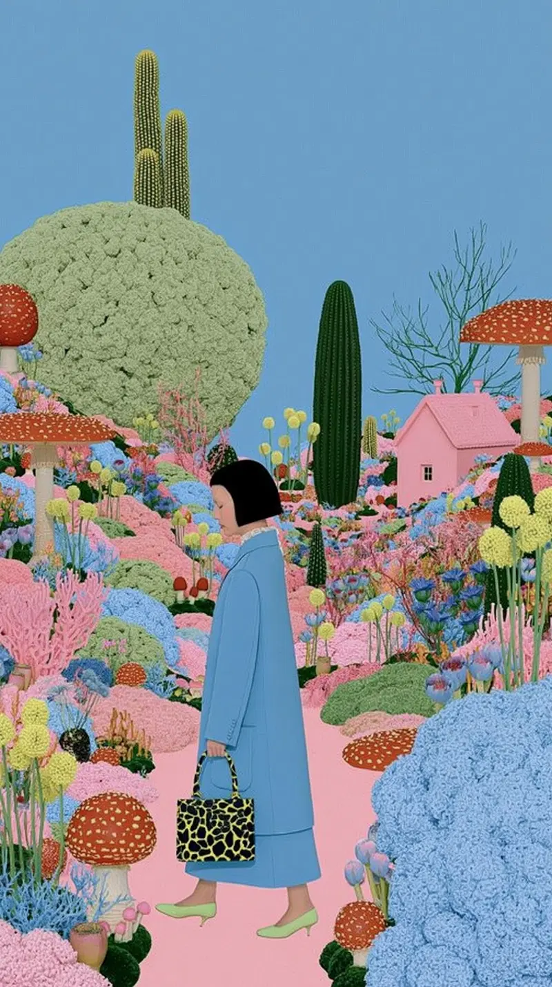 Surreal digital artwork of a woman in a colorful fantasy garden with oversized plants