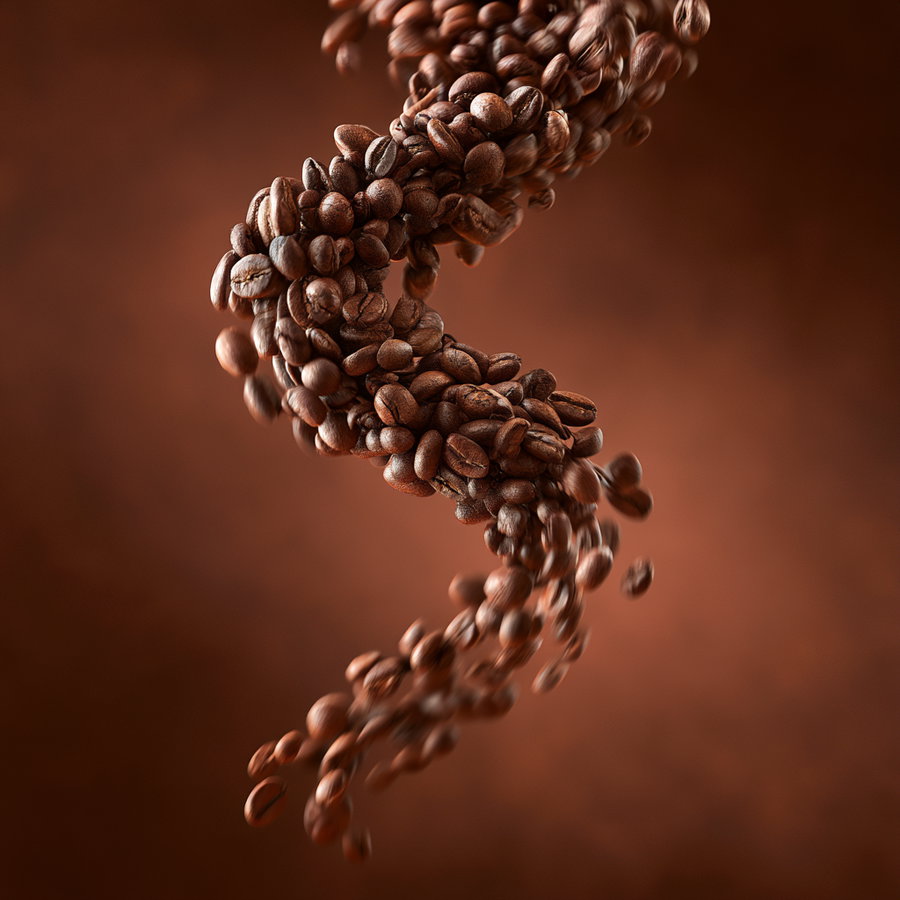 A close-up of numerous coffee beans arranged in a spiraling shape, seemingly floating in mid-air with a smooth brown gradient background