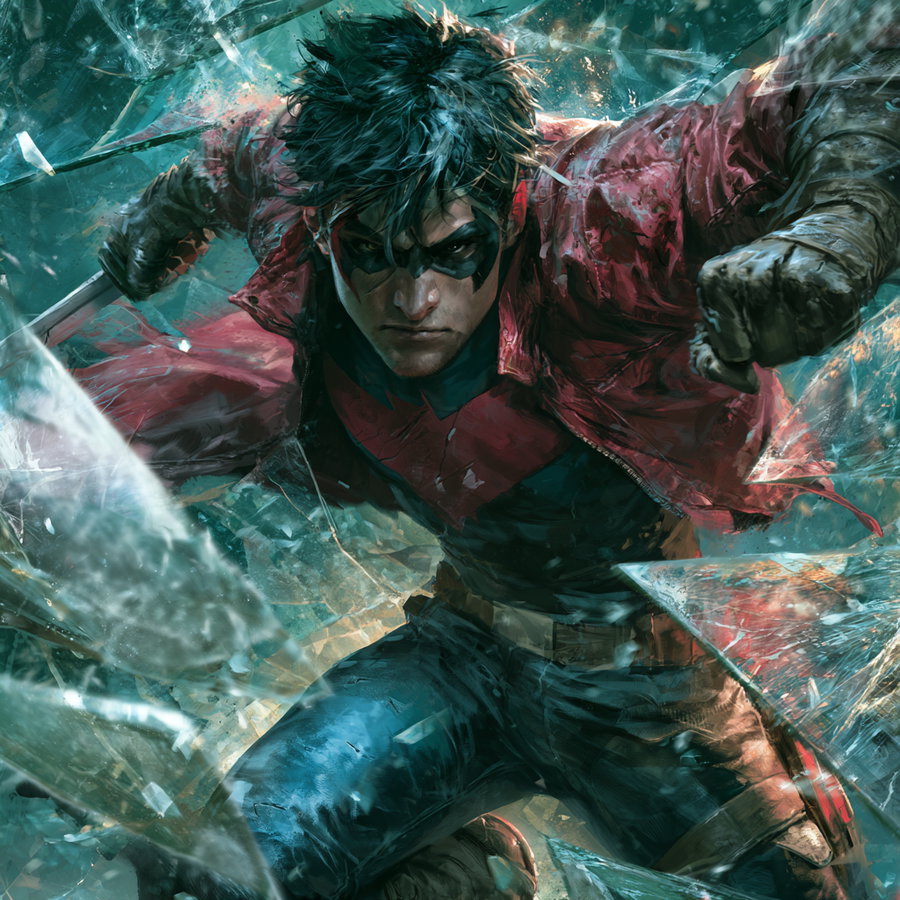 A fierce young male hero with black hair and a red mask breaking through shards of glass in an action pose, wearing a red jacket and gloves.