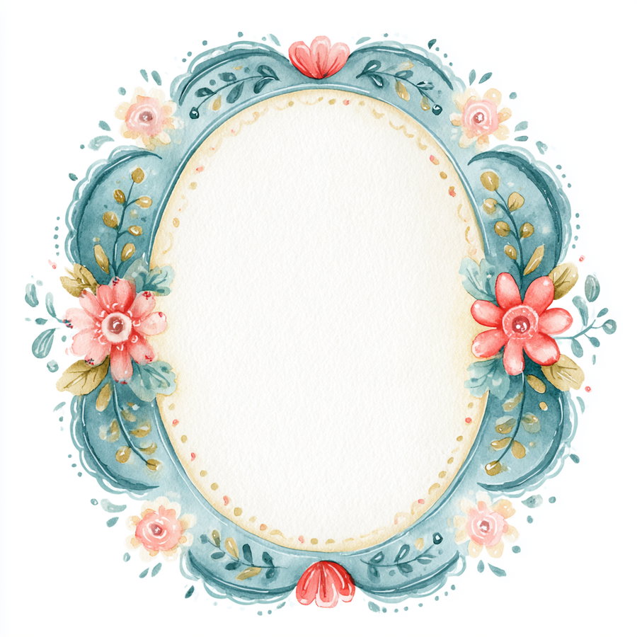 A watercolor painting of an oval-shaped frame decorated with blue leaves and pink flowers, with empty space in the center