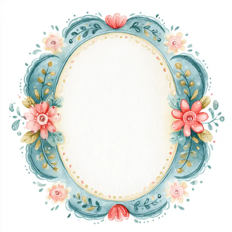 Watercolor Floral Frame with Blue and Pink Flowers in Oval Shape