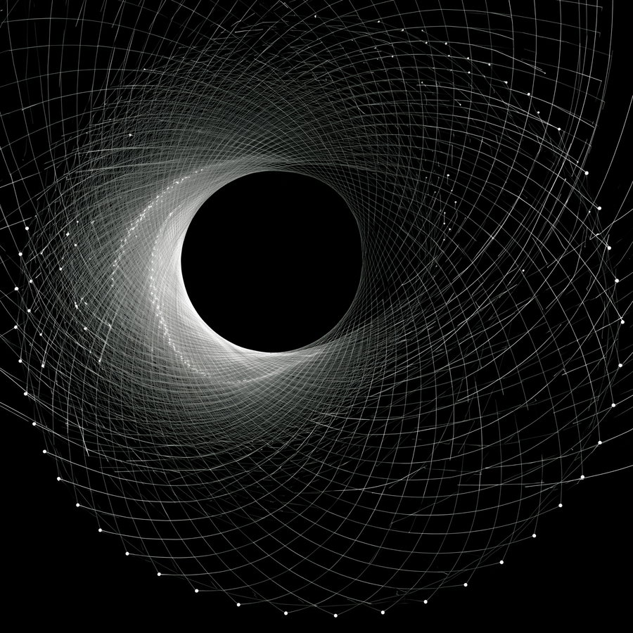 black background with a white spiral pattern made of intersecting curved lines and dots forming a circular tunnel shape