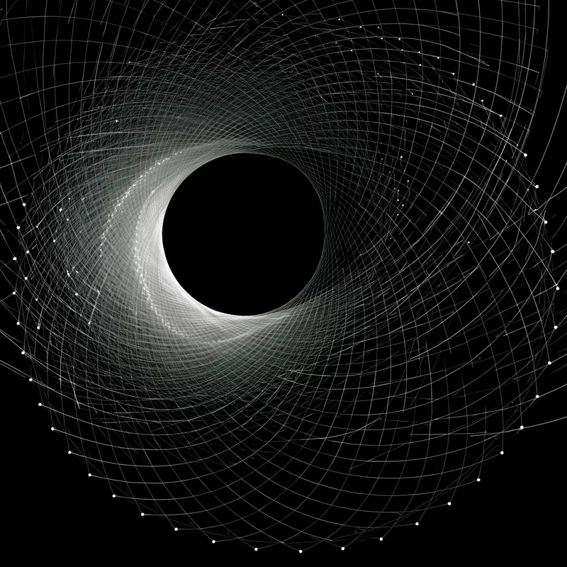Complex geometric black and white spiral design with intersecting lines