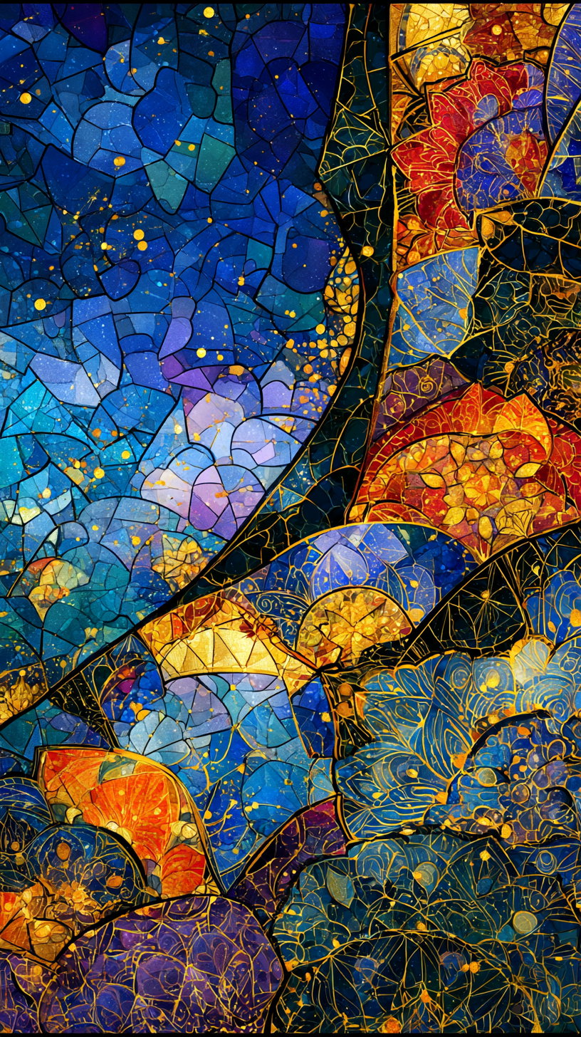 Close-up of an abstract stained glass mosaic featuring blue, purple, red, and gold colors with detailed gold outlining and floral patterns