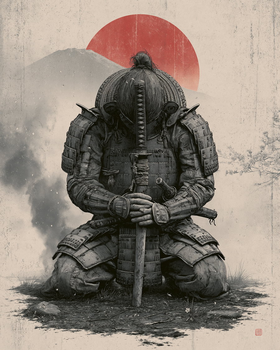 A black and white detailed drawing of a samurai in full armor kneeling on the ground with a katana held vertically in front, a large red sun and a mountain in the background