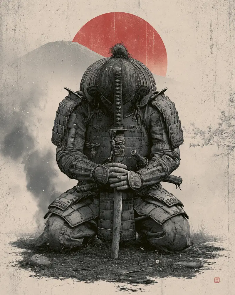 Detailed illustration of a kneeling samurai praying with a katana