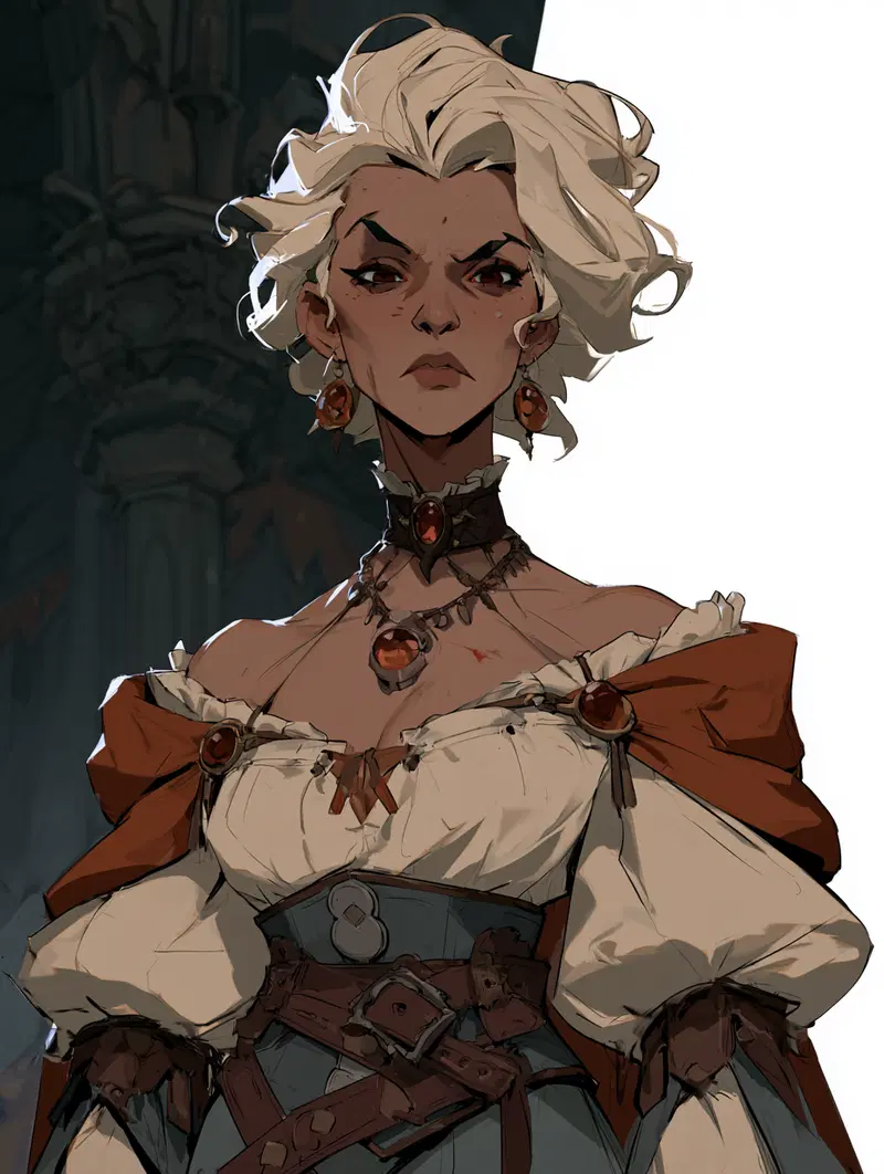 Detailed character design of a stern woman in fantasy medieval attire