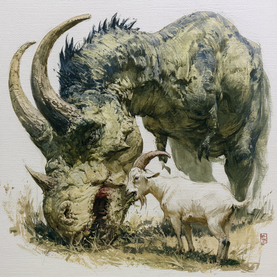A large creature with multiple horns and rough skin is lowering its head to the ground near a white goat with curved horns, both animals appear to be eating grass in a painted fantasy style