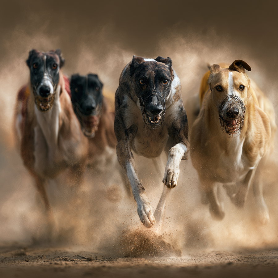 Four greyhound dogs running at full speed on a sandy track, all wearing muzzles, with dust kicking up around them.