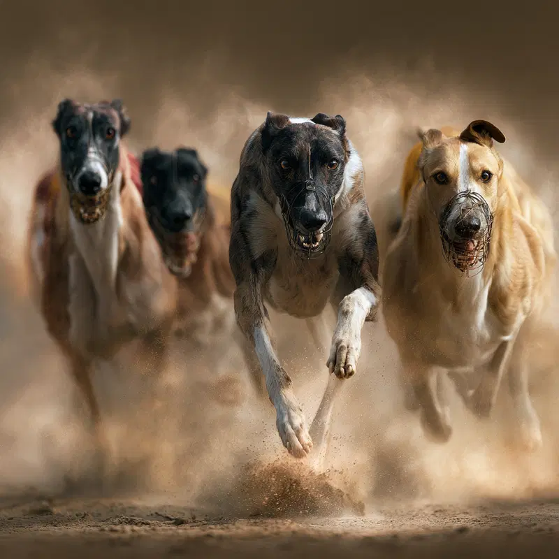 Dynamic action shot of greyhound dogs racing with muzzles on sandy track
